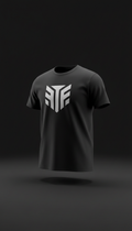 Camiseta negra símbolo contraste blanco y gris